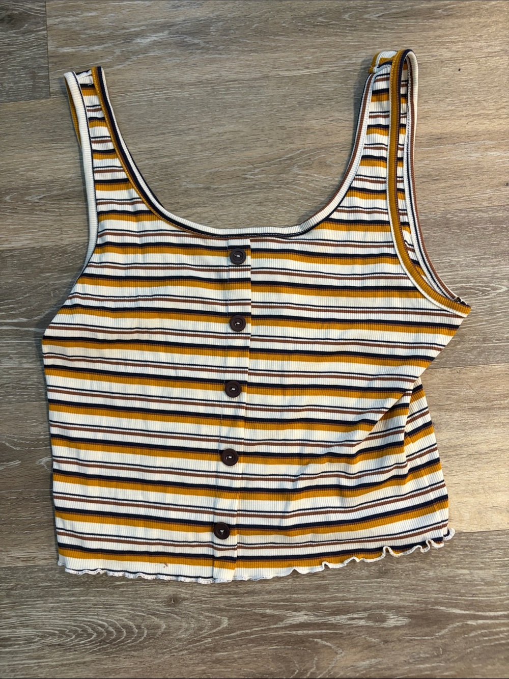 gaze Button-Front Striped Rib Crop Tank in Mustard, White & Brown